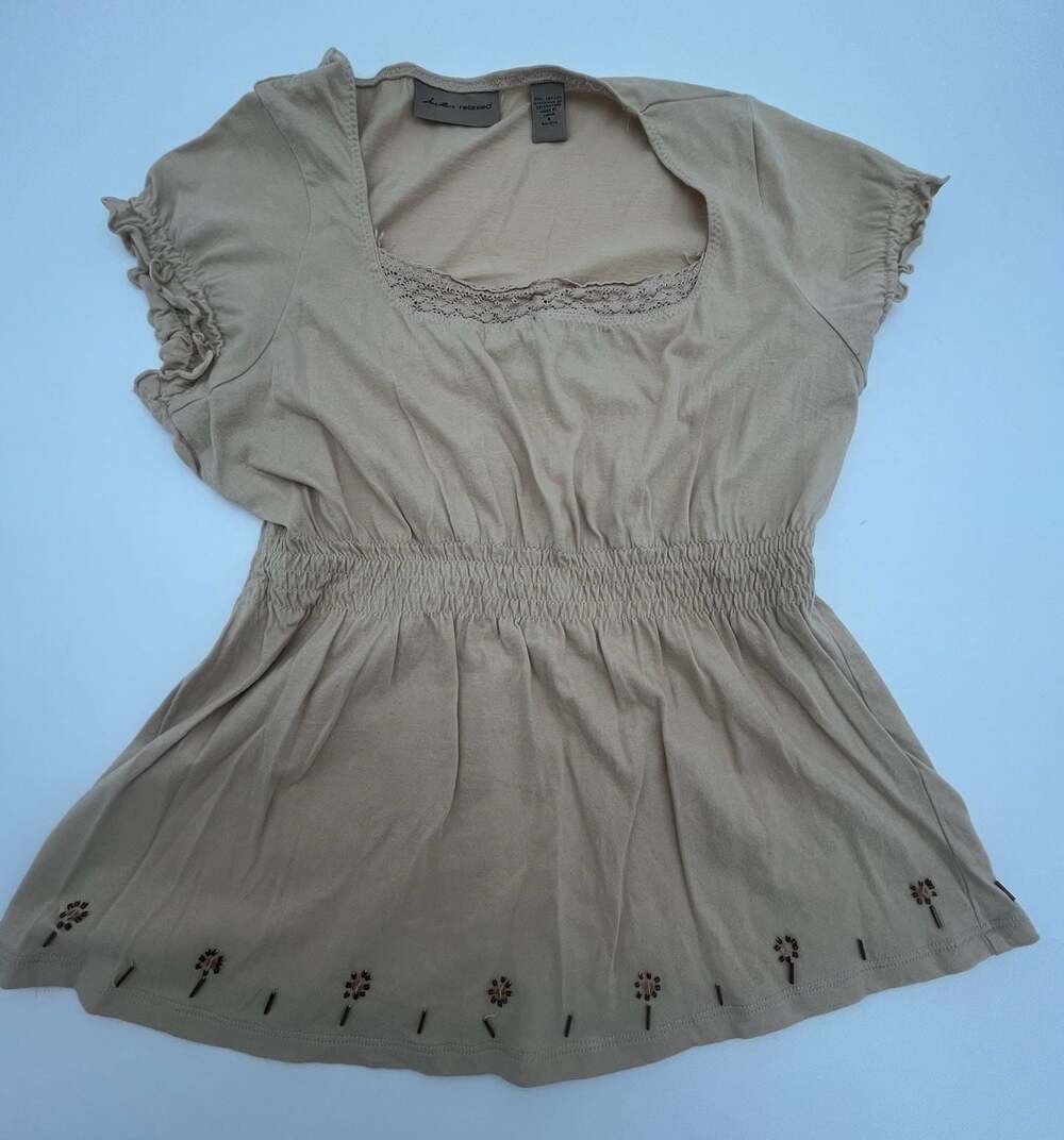 l.e.i. relaxed Y2K Beige Beaded Babydoll Top Size Small